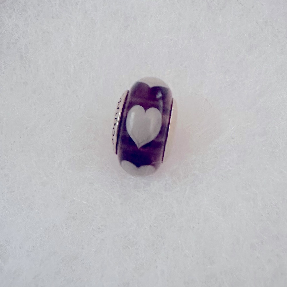 Retired Purple with White Hearts Murano Glass Pandora Bead
